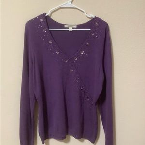 Gorgeous Purple Fashion Sweater with sequins, stone baby pearl around neckline.